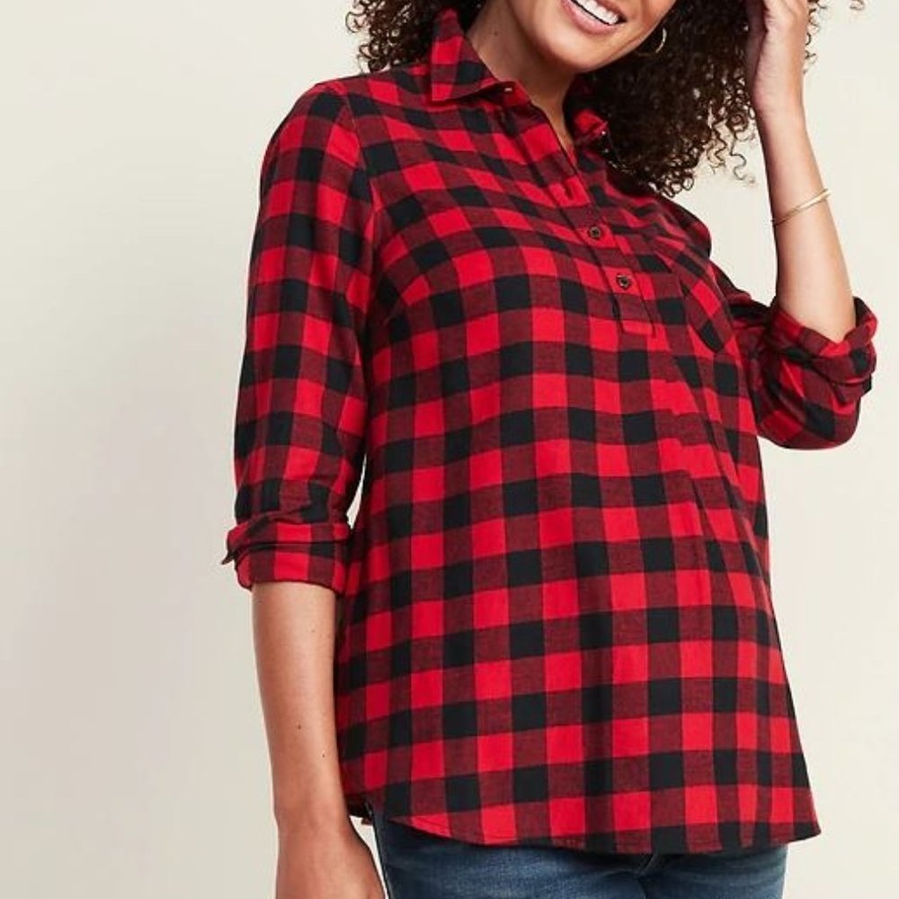 Maternity Plaid Flannel Popover Shirt Red Buffalo - Picture 4 of 6